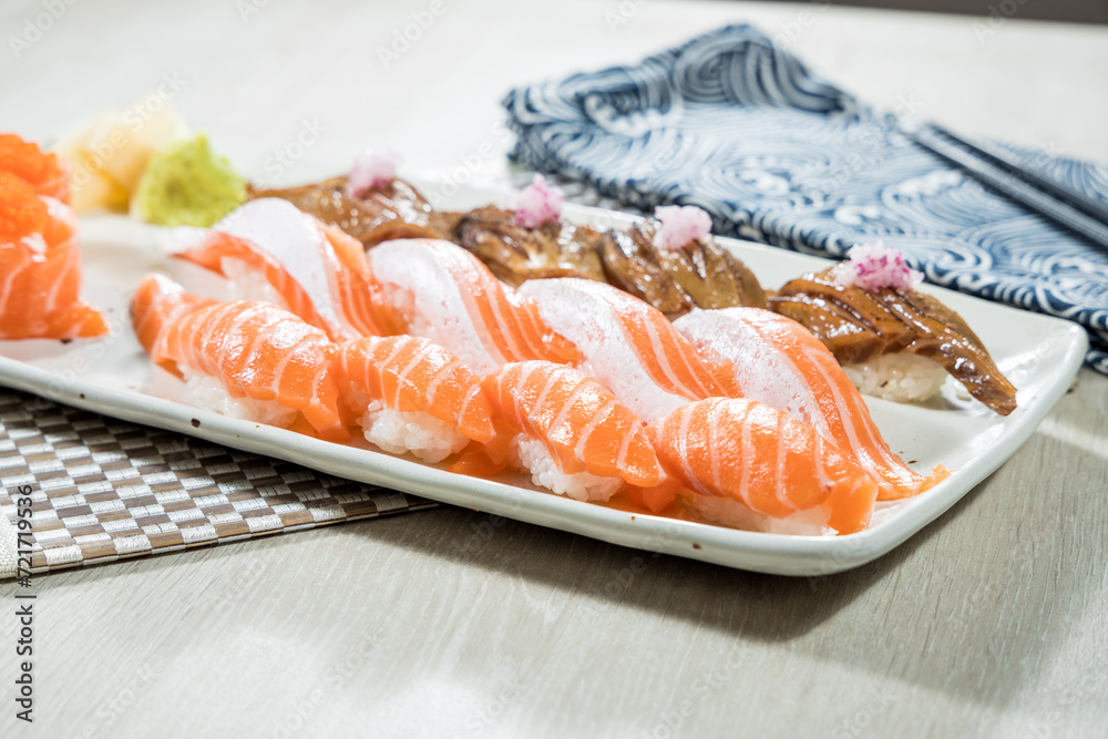 Salmon and seared salmon sushi japanese food style - Selective focus point