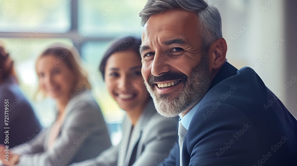 Obraz premium Generative AI : Happy mature businessman attending a meeting with his colleagues in an office. 
