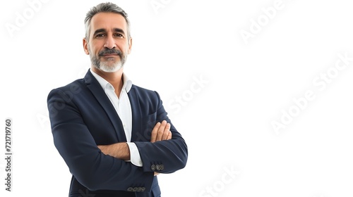 Generative AI : Good-looking middle-aged businessman with arms crossed isolated in white background photo