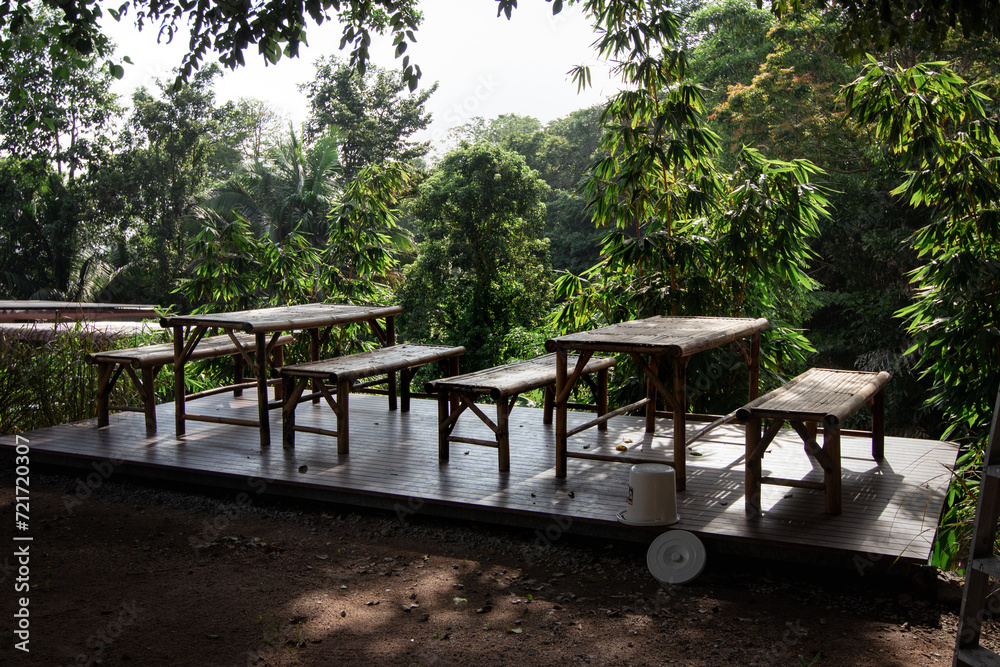 Benches and tables in a tropical forest