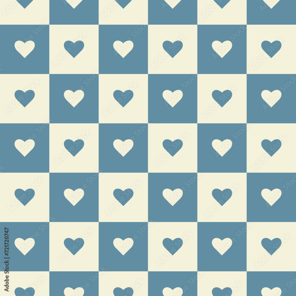 Checkerboard hearts pattern seamless blue and white color vector illustration. Textile print.