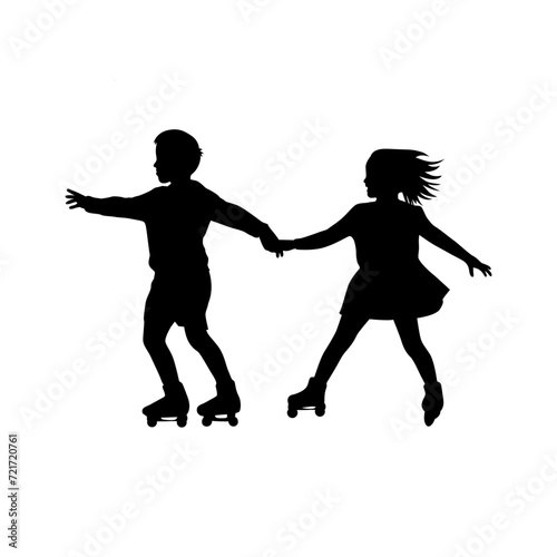 Roller skating girl with boy rollerblading vector silhouette, two kid roller skating