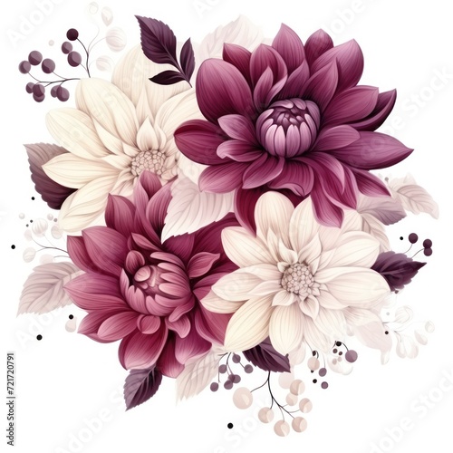 Burgundy several pattern flower, sketch, illust, abstract watercolor, flat design, white background © Celina