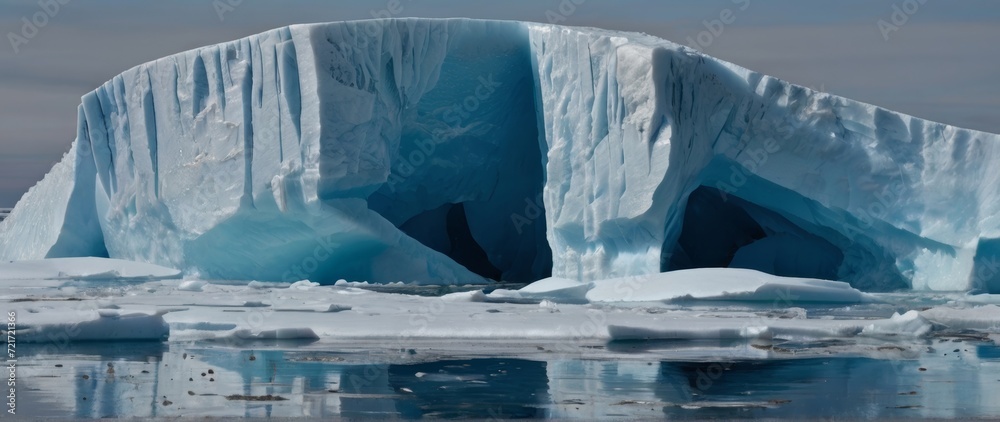Flows of water spreading through cracks and fissures on the surface of icebergs, a beautiful landscape reflecting the effects of global warming. social issues. mountain of ice. Ice melts. serious.