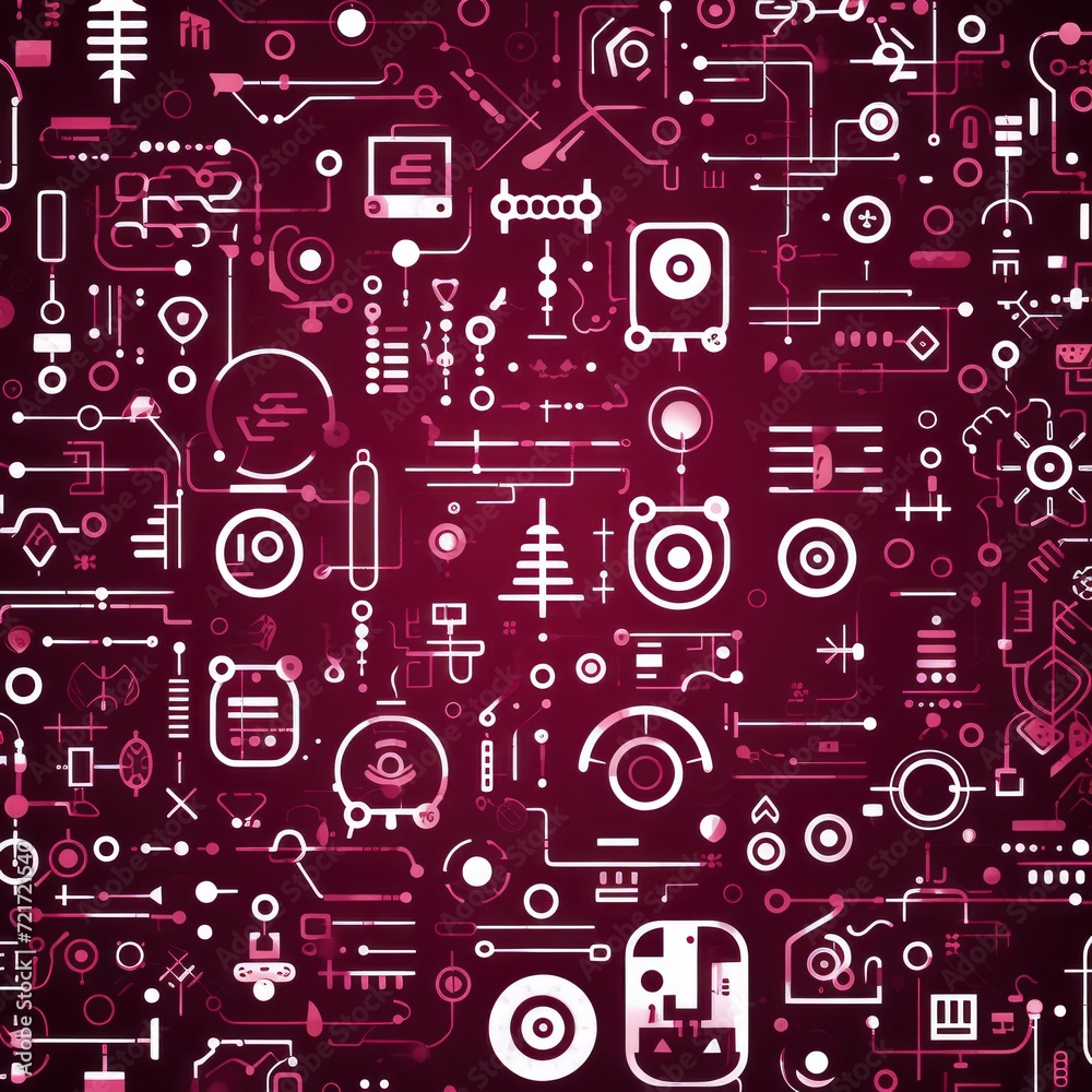 Burgundy abstract technology background using tech devices and icons