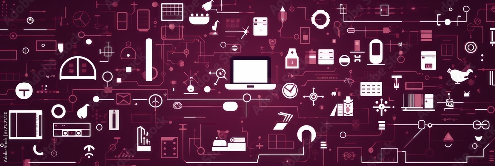Burgundy abstract technology background using tech devices and icons