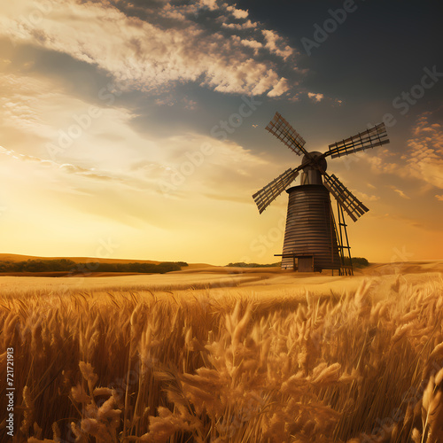 Rustic windmill in a golden wheat field.