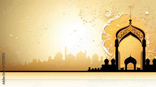 abstract eid mubarak background with mosque and golden sky