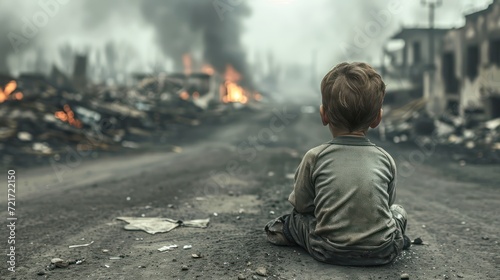 A dirty little boy sitting alone, bokeh building ruins background. After war or natural disasters concept.	 photo