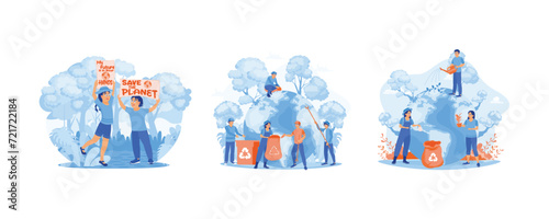 Saving the planet concept. Holding a poster, my future is in your hands. Young nature lovers clean the earth from rubbish. World Environment Day. set flat vector modern illustration