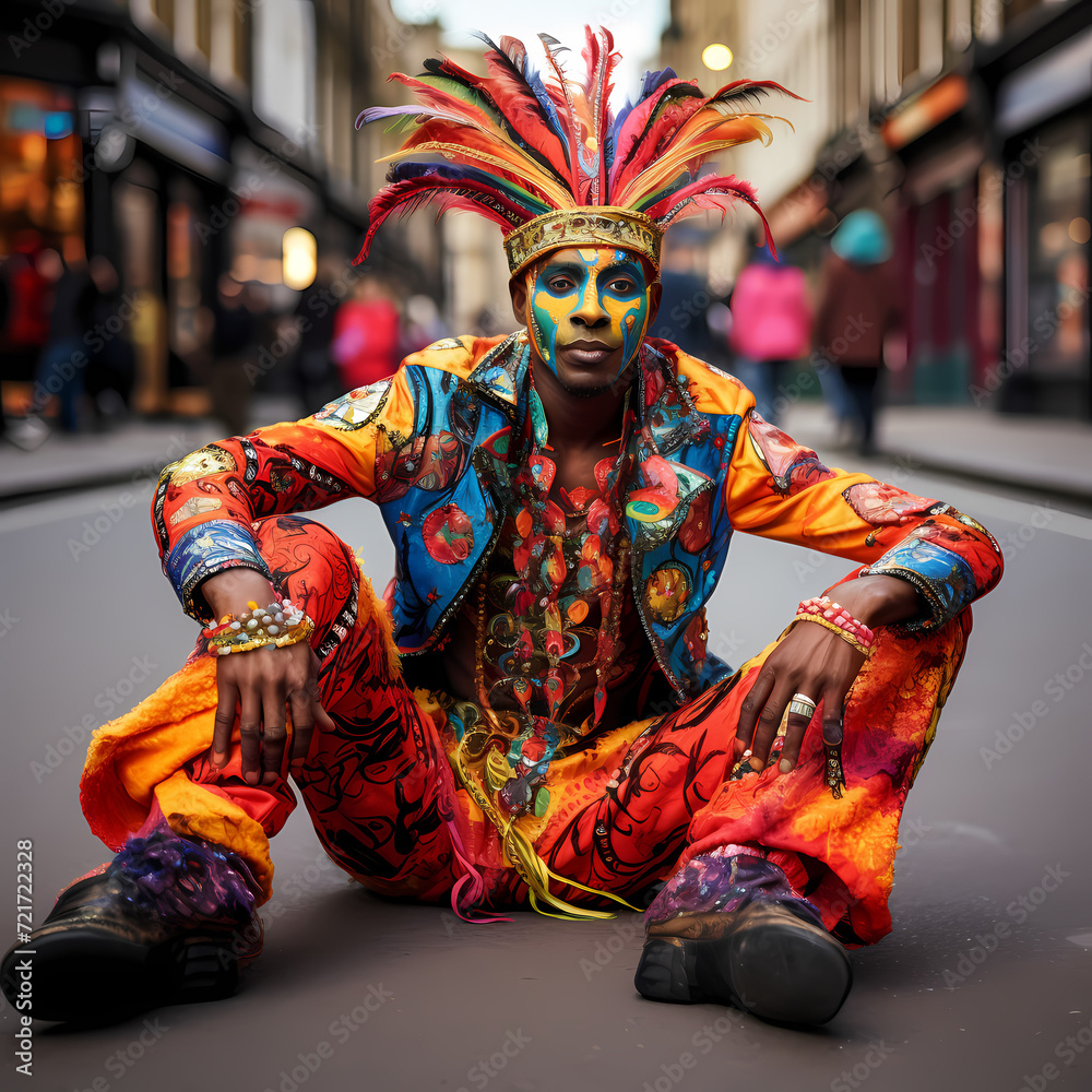 Street performer in a vibrant costume. 
