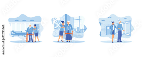Retirement or help with healthcare or walking stick.  Young caregiver helping senior woman walking.  Doctor or nurse caregiver with senior man holding walking cane at home or nursing home.