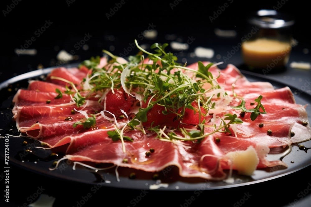 Black plate beef carpaccio with greens, elegant food presentation Black plate beef carpaccio with greens, elegant food presentation