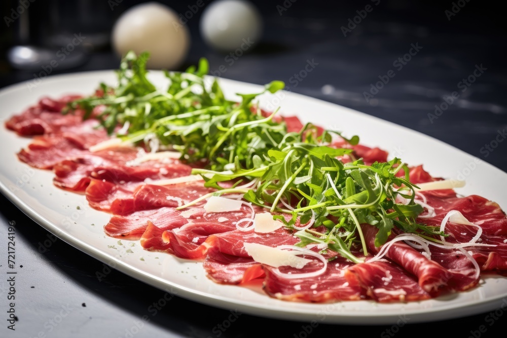 Beef carpaccio plate with arugula and parmesan, gourmet dish.