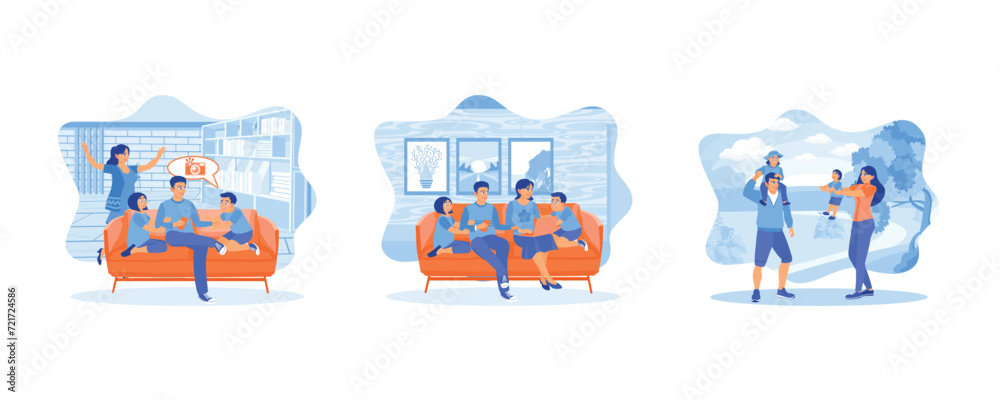 Excited parents looking at mobile screen with kids, feeling excited. Happy young family with little kids sit on sofa in kitchen have fun using modern laptop together. Family photo walking together in 