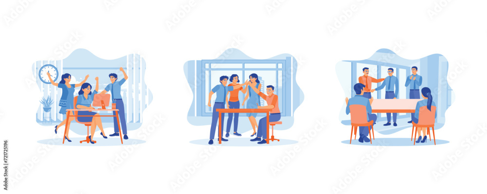 Business team celebrating success. Group of young business team giving high five and celebrating success at office. People congratulating colleague with business achievements. set flat vector modern i