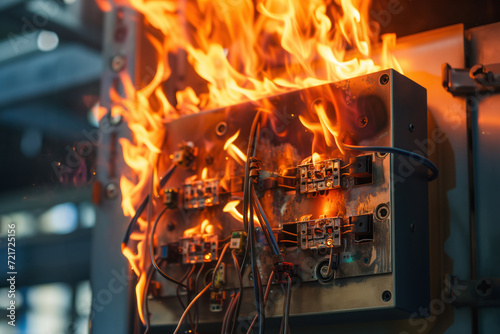Electrical panel caught fire due to short circuit and overload AI Generative 