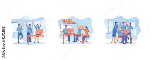 Good successful teamwork concept. Colleagues celebrating successful completion of projects and great achievement at work. People with happy expressions. Set flat vector modern illustration 