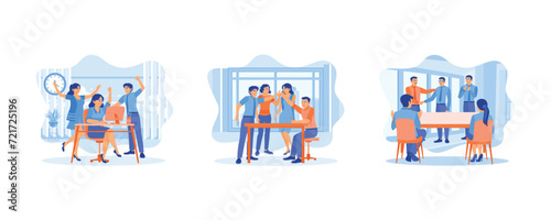 Business team celebrating success. Group of young business team giving high five and celebrating success at office. People congratulating colleague with business achievements. set flat vector modern i