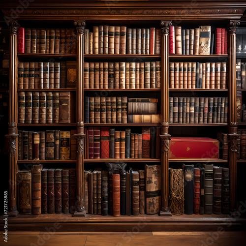 A bookshelf filled with antique leather-bound books