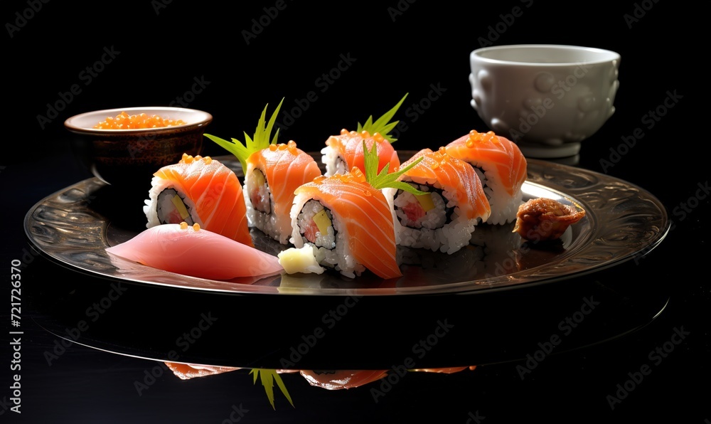 Sushi, delicious japanese cuisine, simple and elegant background, there is free space for text, wallpaper, poster, advertisement, etc,