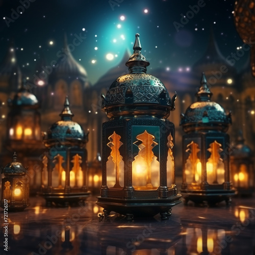 3d illustration Arabic lantern with burning candle glowing at night Muslim holy month Ramadan. © Abdul