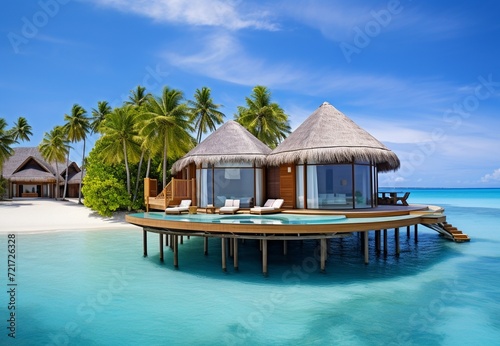 Tropical beach with water bungalows and coconut palm tree at Maldives