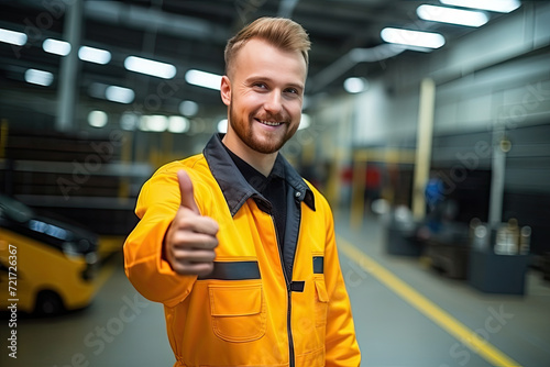 Smiling Worker Giving Thumbs Up in Industrial Warehouse