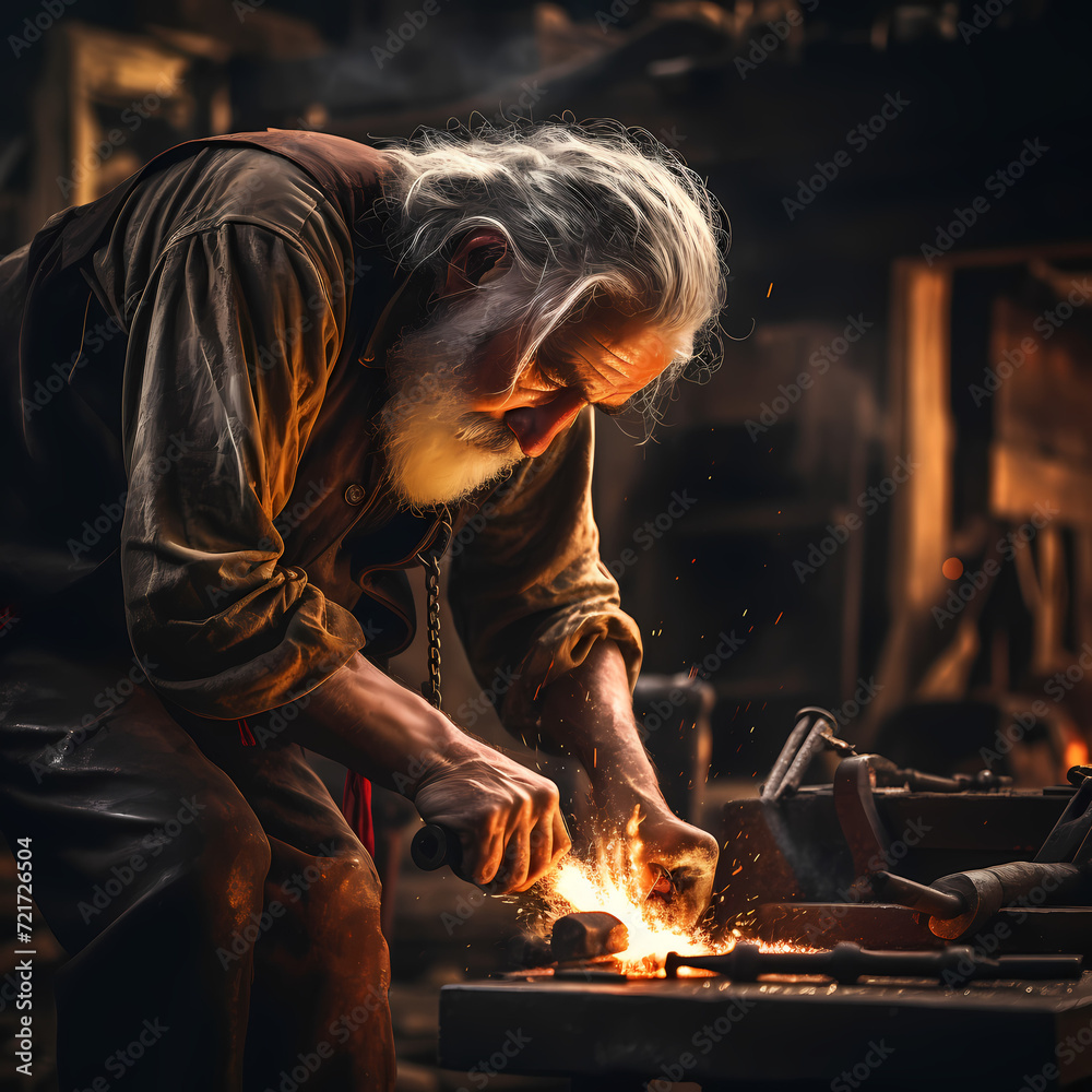 A close-up of a blacksmith forging a red-hot metal piece.