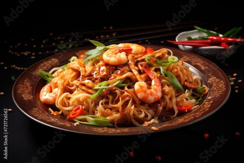 Chinese noodles with shrimp, vegetables, and green onions on patterned plate