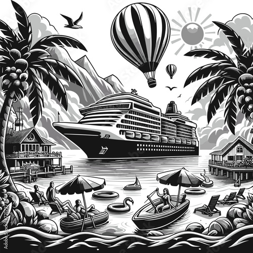 Tropical Cruise Ship Scenery Vector Illustration