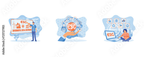 ESG concept as environmental and social governance with business. World sustainable environment. Businessman use a computer to analyze ESG data. Set flat vector modern illustration