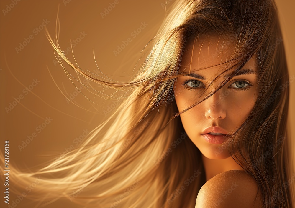 Fototapeta premium woman long hair blue eyes posing talented blowing business products supplies gel spiked blond vaporous tan skin wearing airy