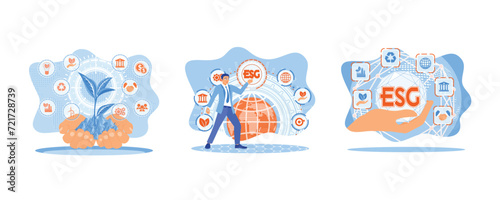 Renewable resources. ESG environmental social governance business strategy investing concept. Businessman pressing button on screen. set flat vector modern illustration