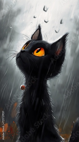 black kitty cat kitten yellow eyes sitting rain cute fiery red watery sad vampire looking upwards childlike covered deep drops baleful young ears worried