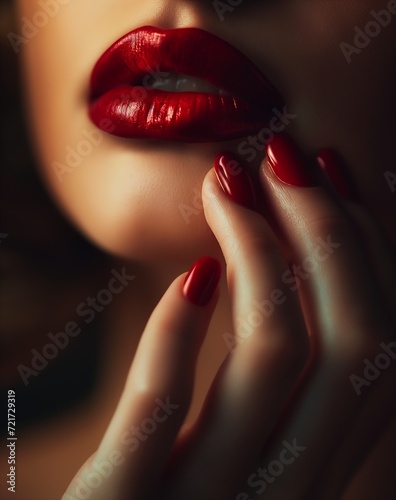 closeup woman red lipstick nails kisses wordless spells stunning beauty contours holding intimately glossy forbidden biting lustrous details face devoted