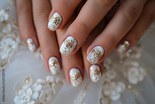 White and gold manicure, wedding-themed elegant design.