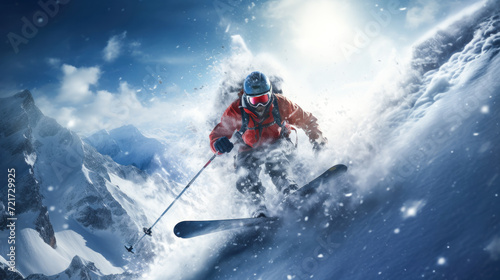 Snowy Slope Thrill Ride: Skiing on a slope with snowflakes, creating an action-packed scene showcasing winter sports.