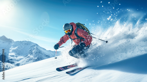 Frosty Descent Adventure: Thrilling skiing on a slope with snowflakes, conveying the dynamic nature of winter sports.