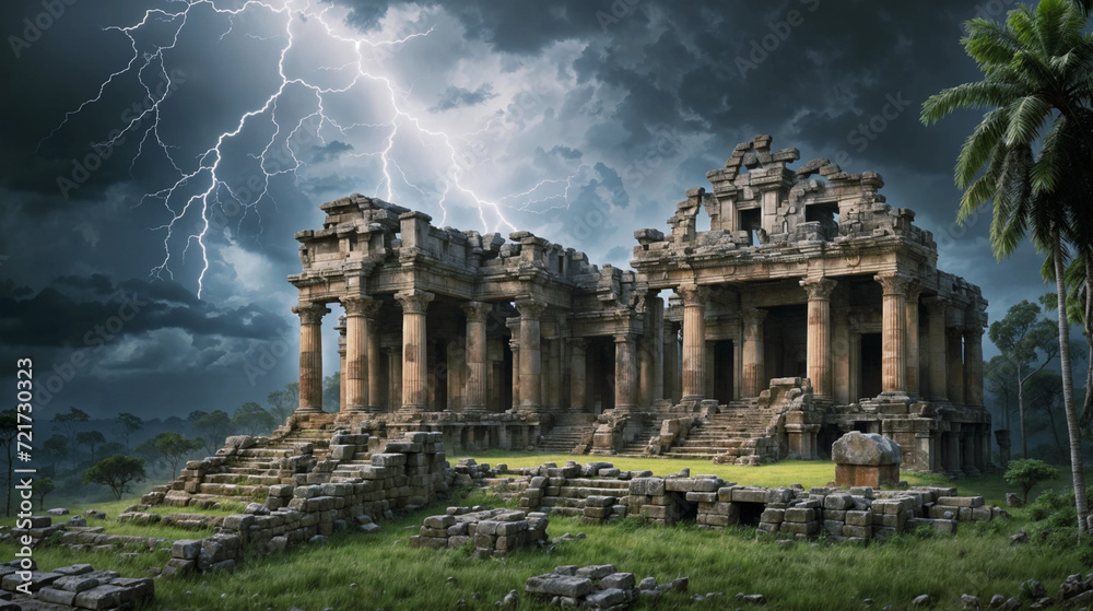Thunderstorm and lightning over the majestic ruins of the ancient city