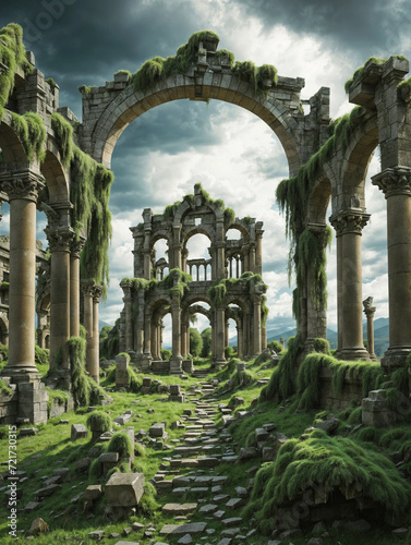Mysterious ruins of an ancient city with arches and columns