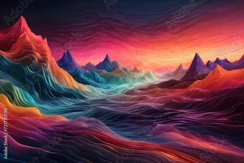 Vibrant Abstract Landscape: Colorful Mountain Peaks Under a Radiant Sky