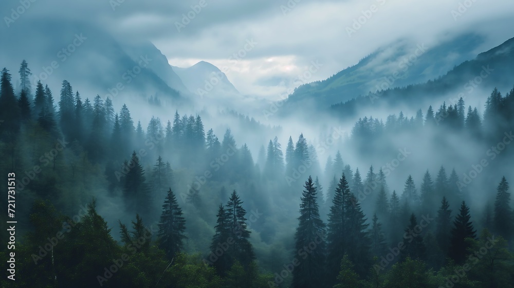 view forest foggy sky mountains transparent rustic enormous secure ratio young forests surrounding clearing moderate lighting misty ghost town