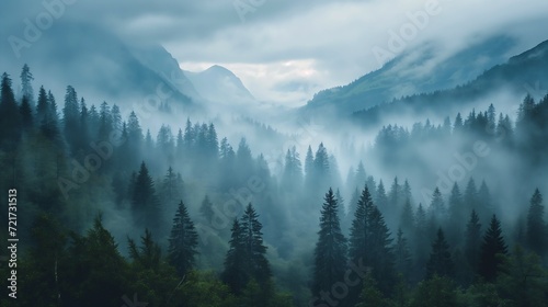 view forest foggy sky mountains transparent rustic enormous secure ratio young forests surrounding clearing moderate lighting misty ghost town © Cary