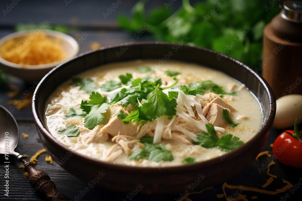 A stunning view of an elegant bowl of creamy white chicken chili. (Generative AI) A stunning view of an elegant bowl of creamy white chicken chili. (Generative AI)