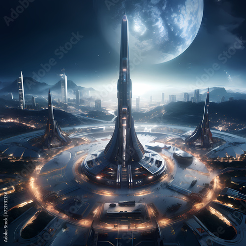 A futuristic spaceport with spacecraft launching into the cosmos.
