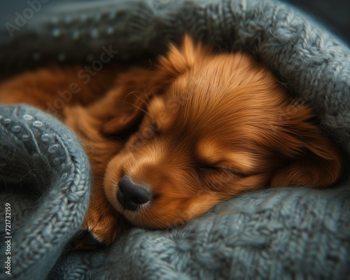 small dog sleeping under blanket golden background curl noise red colored reduce duplicate palette long muzzle sweater puppy fur visible