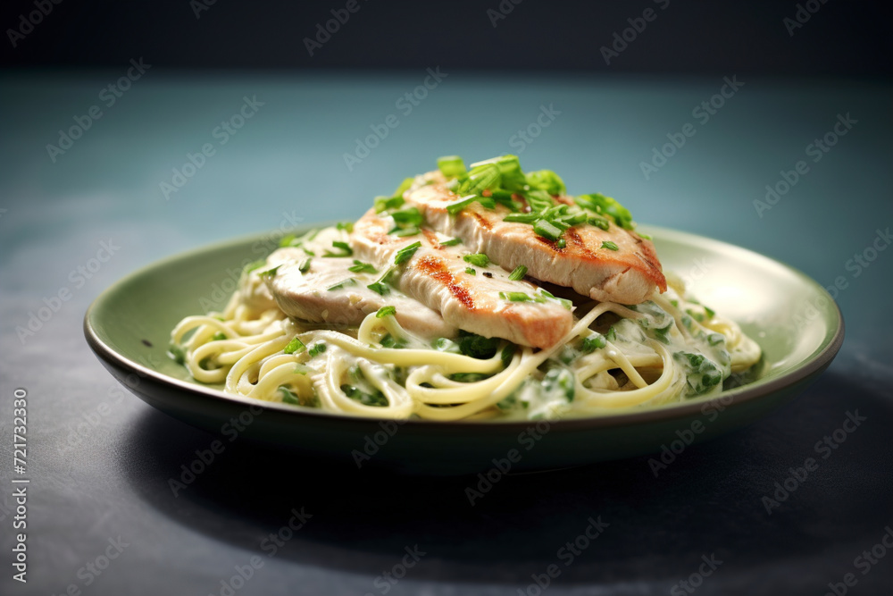 A stunning view of an elegant plate of creamy chicken and zoodle spaghetti. (Generative AI)