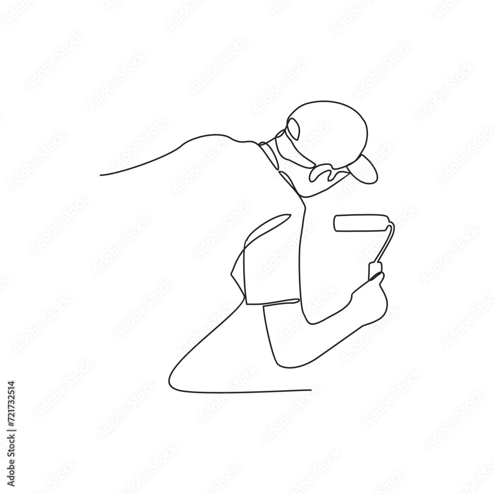 One continuous line drawing of People are doing painting activity work in building project vector illustration. Building construction site activity illustration simple linear style vector concept. One continuous line drawing of People are doing painting activity work in building project vector illustration. Building construction site activity illustration simple linear style vector concept.