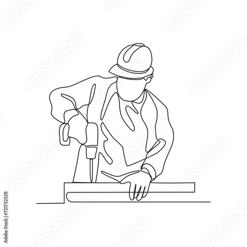 One continuous line drawing of a site worker is drilling into wood in building project vector illustration. Building construction site activity illustration simple linear style vector concept.